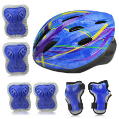 儿童护具溜冰鞋自行车轮滑头盔护具六件套套装组合 蓝色头盔+护具 儿童S码/3-6岁/20-40斤