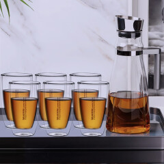 小雨点双层玻璃杯茶杯玻璃水具组合套装待客家用水杯茶杯牛奶杯子 金标锥形水具八件套