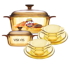 康宁（VISIONS）晶彩汤锅炖锅0.8L+2.25L+琥珀百丽餐具套装8件锅具套装家用