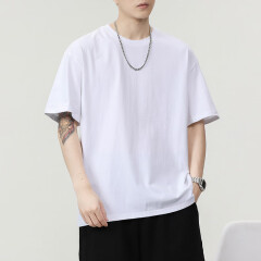 简徒纯棉短袖T恤男夏季纯色t恤圆领时尚重磅大码白色打底衫半袖上衣男 白色(领) XL