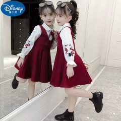 迪士尼女童套装春装2024新款刺绣衬衫套装儿童洋气时髦连衣裙两件套裙 红色 120