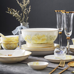 华光 碗碟套装家用 中式骨瓷餐具套装釉中彩盘子碗碟勺 富贵花开32头  富贵花开 32头【灰牡丹】