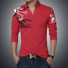 玛萨洛新款男士长袖T恤 V领修身韩版男装 秋季青年商务大码体恤打底衫 红色 5XL