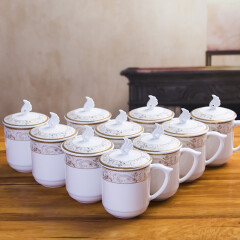 陶相惠 景德镇陶瓷茶杯茶具办公室水杯喝茶杯带盖陶瓷杯子 如玉杯10只装325ml