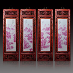 奋行景德镇陶瓷仿古中式装饰实木框手绘陶瓷板画 红框红山水