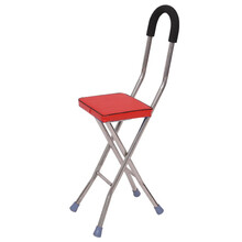 丰帆 不锈钢四角拐杖凳手杖凳 老人便携式助行器四脚凳手杖櫈椅手杖带凳 皮革海绵面散步遛弯凳广场公园凳 红色方面座面