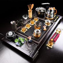 聚誉 整套茶具套装实木茶盘全自动电器套装黑檀色实木茶盘玻璃茶具紫砂茶海 1单耳玻璃杯黑檀色流水鲤鱼戏水全自动套装