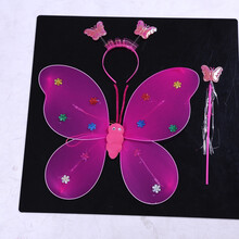 蝴蝶翅膀儿童仙女裙发光玩具天使魔法棒套装女童装扮翅膀夜市玩具 双层玫红 蝴蝶