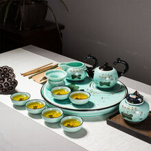 古笙记 景德镇手绘青瓷功夫茶具套装家用中式古典荷花陶瓷荷花办公室茶杯茶壶荼具茶台 手绘荷花(茶壶组)