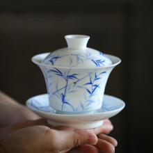 矜瓷 德化三才盖碗茶杯 手绘釉下彩 陶瓷功夫茶具薄胎泡茶碗 青竹手绘盖碗