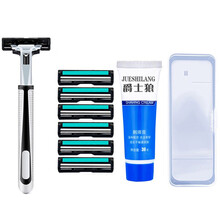 爵士狼手动剃须刀 男士手动刮胡刀双层刀片老式胡须刀通用刀架2层刀头刮胡子刀片 剃毛刀 双层：1刀架+6刀片+剃须膏+盒子