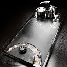 秦艺流水雾化乌金石茶盘简约功夫茶具家用大号泡茶台全自动电磁炉 乌金石龙纹茶盘(黑色全自动)