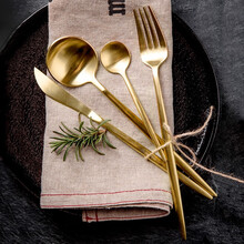INSCRIPTION 不锈钢哑光拉丝牛排刀叉勺套装 西餐餐具牛排刀叉勺子 四件套 金色刀叉勺四件套