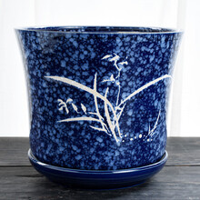 高筒花盆陶瓷带托盘紫砂客厅阳台吊兰盆景盆栽特大号君子兰绿萝创意简约个性发财树绿植植物多肉花盆 高筒盆-兰花宝石蓝单个 大