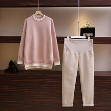 敏潮格伦孕妇秋装套装网红洋气外出长袖针织毛衣秋款宽松休闲裤子两件套 粉红色套装 XL