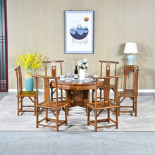 寻古红木家具非洲鸡翅木（学名：非洲崖豆木）实木圆餐桌椅组合中式仿古歺桌歺椅小圆桌家用圆形饭桌O 七件套：128圆餐桌+灯挂椅*6