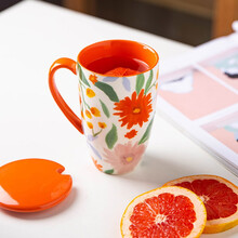 摩登主妇原创咖啡杯大容量陶瓷杯子家用高颜值情侣杯马克杯带盖勺 生机马克杯