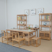 老榆木新中式仿古办公桌家用餐桌椅实木茶桌椅组合茶台书架多宝格 全套