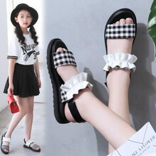 Helichong儿童鞋子女公主2021新款韩版夏季小学生时尚女孩中大童凉鞋 黑白色 35码/鞋内长22.2CM