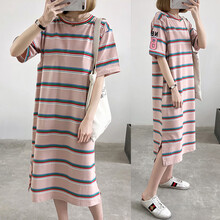 木宸 孕妇装夏装连衣裙韩版宽松春夏季产后哺乳衣外出时尚款潮妈哺乳期喂奶衣大码新款条纹上衣 粉色 XL（适合150-180斤）