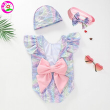 中二班ins泳衣女童游泳衣儿童美人鱼连体泳衣女孩游泳衣泳帽三件套装 紫色泳衣+帽子+头箍 80cm