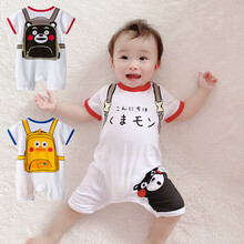 婴儿衣服夏 男女宝宝连体衣夏季纯棉新生儿爬行服哈衣0-1-3岁印花罗纹短袖爬爬服 小黑熊 73/48【身高6673cm，6-12个月】