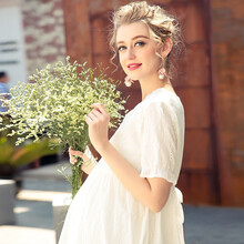 美琳妈咪孕妇装夏装连衣裙中长款透气纯棉孕妇裙长裙洋气夏季薄款法式短袖夏天潮妈产后哺乳裙 雪白色（纯棉） L（约105-125斤可穿）