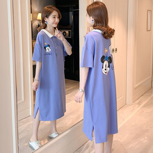 韵暖香 孕妇夏装大码纯棉t恤裙2021夏款网红时尚过膝遮肚子宽松过膝孕妇连衣裙潮妈胖mm 蓝色 XL