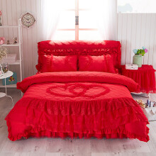 莱子家纺 婚庆大红色公主风床裙四件套结婚被子夹棉床罩款床上蕾丝花边被套 浪漫床罩五件套(含床头罩)大红 2.0x2.3米被套配套1.8x2米床裙