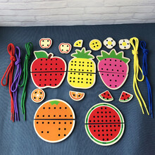 幼儿园穿线板儿童动物穿绳积木精细动作训练玩具宝宝穿线积木早教 木质 【猫绒绒】水果穿线板