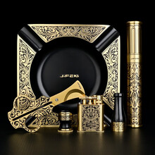 茄龙CIGARLOONG雪茄剪套装充气打火机雪茄烟灰缸雪茄管印花六件套装 金色