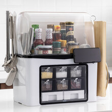 宜美汇 调料盒套装厨房用品用具调味盒调料罐佐料盒糖盐罐厨房收纳盒家用 特大号加高8格【白色加盖】（调料架+砧板架+刀架）