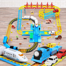 OMKHE 轨道车玩具多层超大过山车玩具电动高铁动车玩具托马斯小火车汽车男孩儿童生日礼物 三层多功能交通站+3节火车+3节高铁+2汽车+电池