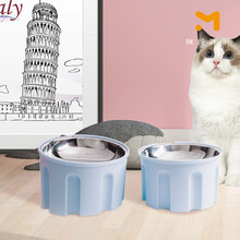 咪伶咪俐 不锈钢猫碗双碗狗碗食盆高脚护颈胡须防打翻猫粮碗可分离 浅灰色