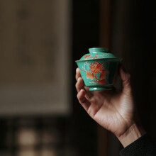 景德镇赋山堂松石绿灵菊盖碗手绘泡茶碗功夫茶具复古风茶碗手工 松石绿灵菊盖碗