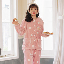 米度丽 月子服孕妇睡衣春秋季加厚加绒产后喂奶衣产妇哺乳衣家居服出院服 96006 浅粉 M码