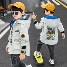 基米兔童装男童外套儿童风衣夹克衫春秋季宝宝小孩衣服2021新款中大童韩版休闲运动字母开叉连帽拉链上衣 A93米白色 150cm
