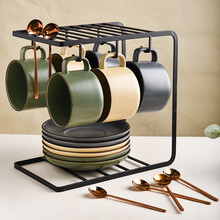 SUCCO日式复古咖啡杯套装小精致家用高档下午茶茶具办公室陶瓷杯子茶杯水杯马克杯创意茶具套装 三色混搭咖啡杯六杯碟勺（黑U架）