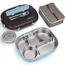 吉睿 304不锈钢蓝色大五格加深隔热便当快餐盘带汤碗赠送餐勺 筷子 保温包 JR3255 学生饭盒提锅送保温袋