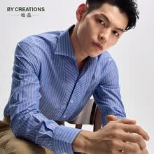 ByCreations柏品男装棉麻混纺优雅一片领斜条纹拼接暗门襟条纹衬衫男衬衣简约商务休闲风亲肤透气 蓝白条纹 38
