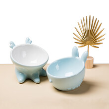 佩格小猫唔哩呜哩猫碗 陶瓷猫食盆幼犬小狗饮水碗粮碗保护颈椎防打翻 清新蓝套装：兔子水碗+小鹿粮碗+硅胶餐垫