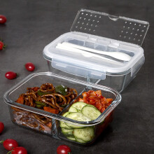 普业长方形二分格玻璃保鲜盒 微波炉便当饭盒 收纳盒 送餐具1L PY-1997