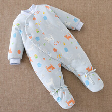 豆苗儿婴儿连体衣秋冬装 新生儿纯棉加厚保暖包脚哈衣 宝宝满月夹棉衣服 蓝色动物园（斜襟款） 66码建议年龄3-5个月