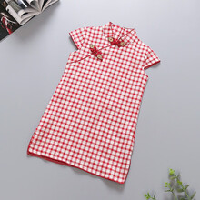 马樱红雨 儿童旗袍夏季小女孩中国风洋气民国女童格子旗袍裙公主古筝演出服 红色 格子款【+珍珠项链】 150码/建议身高140厘米左右