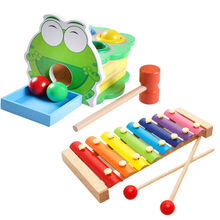 大号木质早教启蒙婴幼儿童男女孩宝宝敲击打地鼠玩具亲子互动 青蛙打桩台+八音琴