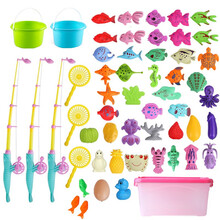钓鱼玩具泳池套装儿童戏水宝宝捞鱼磁性鱼竿2-4-6岁女男孩玩具 六一儿童节礼物 75件：60鱼3鱼竿4发光鱼2桶+收纳盒+圆池