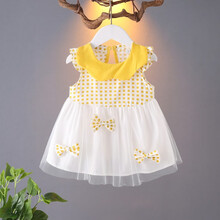 小猪球球 婴儿衣服夏季儿童套装格子连衣裙2021韩版洋气公主女孩宝宝蝴蝶结纱裙宝宝衣服女童裙子 黄色 110