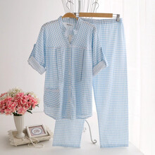 【断码特卖】喜孕娇月子服夏季纯棉纱布薄款孕妇睡衣产后喂奶哺乳衣外出夏季家居服套装夏季  棉纱 V领格子 -蓝色 M码