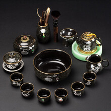 南北茶堂 功夫茶具套装整套镶金饰窑变建盏家用客厅喝茶杯办公室泡茶器盖碗茶壶陶瓷送礼 建盏黑釉15入盖碗茶壶六君子茶叶罐茶洗壶承-镶银款