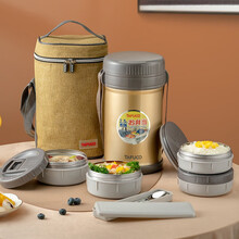日本泰福高保温饭盒 304不锈钢真空多层保温桶 儿童便当盒学生便携防烫饭盒保温盒成人大容量饭盒 T2517-防烫内碗-香槟色2.5L四层